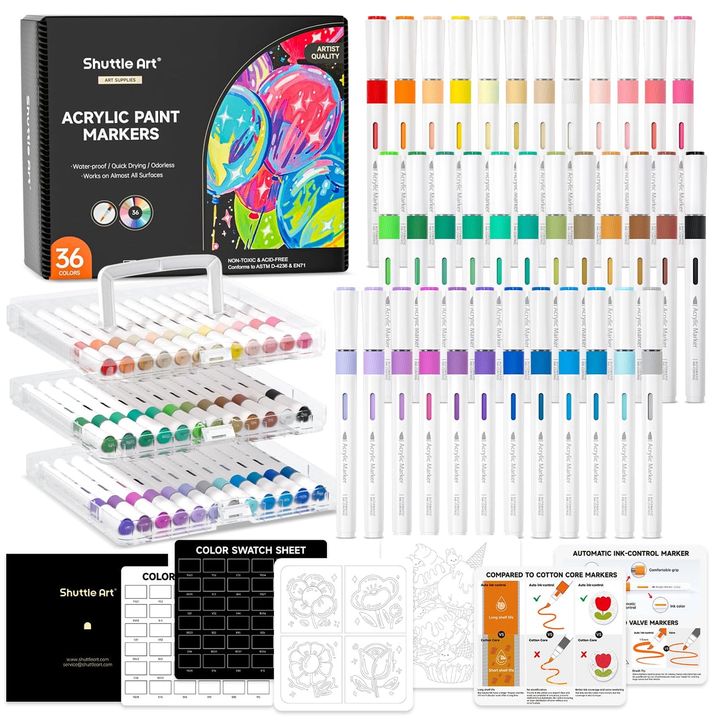 Shuttle Art Automatic Ink Control Acrylic Paint Markers, 60 Colors Brush Tip Acrylic Paint Pens for Rock Painting, Ceramic, Wood, Canvas, Glass, Stone, Fabric, Card Making, DIY & Art Supplies