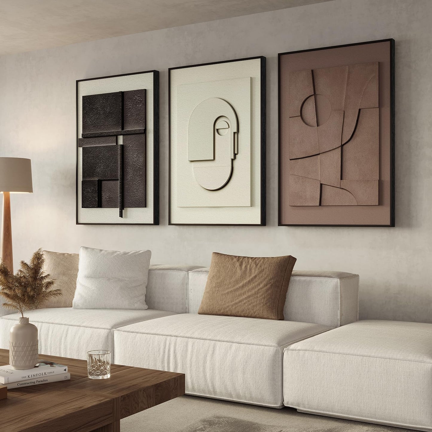 Framed Modern Abstract 3D Textured Wall Art for Living Room, Large 3-Piece Neutral Artwork for Walls, Geometric Brown White Textured Wall Art Sandstone Painting Prints for Bedroom Guest Room Hallway Home Office Decor 16x24 Inch