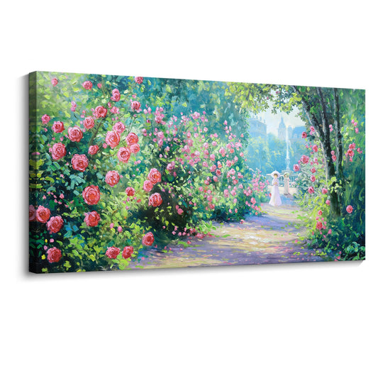 CHATYOUNG Canvas Wall Art Living Room, Blooming Red Roses Manor Landscape Wall Painting Monet Wall Art Green Picture Ready to Hang Bedroom Bathroom Kitchen Home Decor Gifts for Women 20x40 In