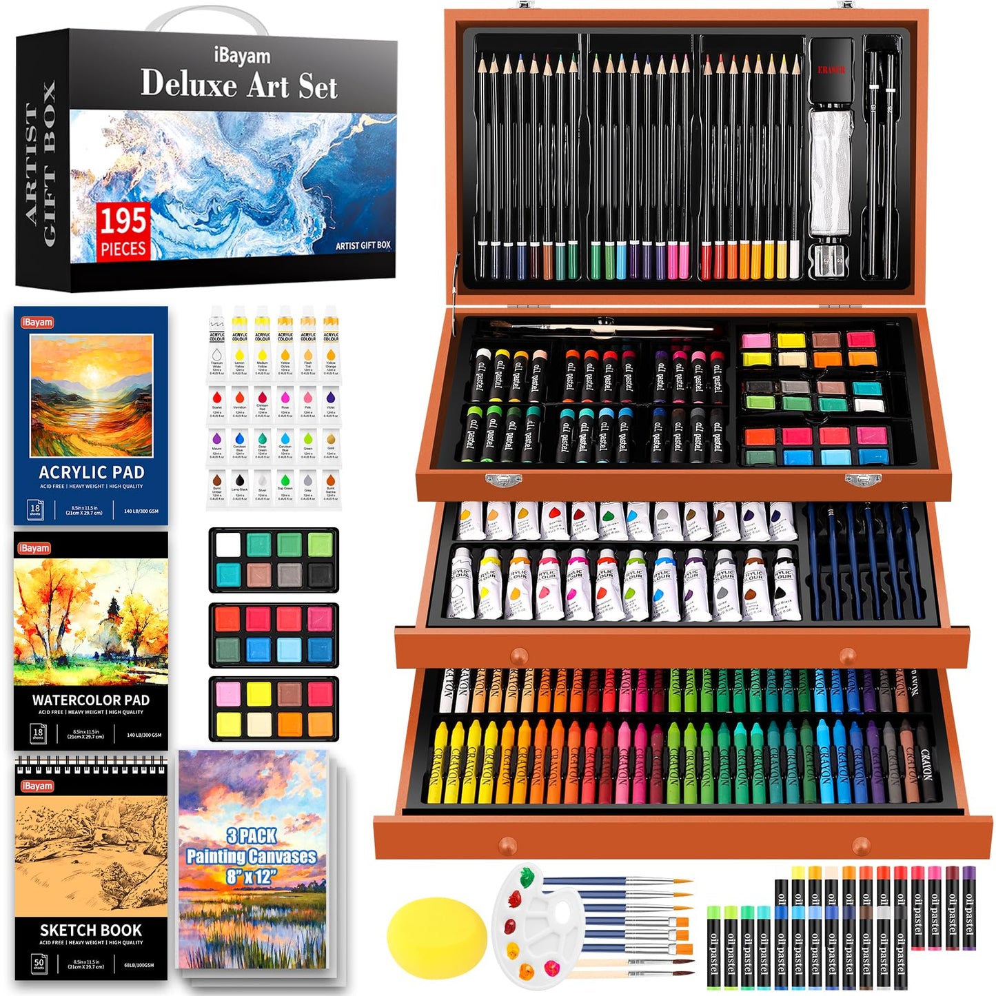 iBayam Deluxe Art Set, 195-Pack Artist Gift Box, Arts and Crafts Drawing Painting Kit Art Supplies for Adults Kids, Art Kits Paint Set with 24 Acrylic Paint, Sketchbook, Canvases, Crayons, Pencils