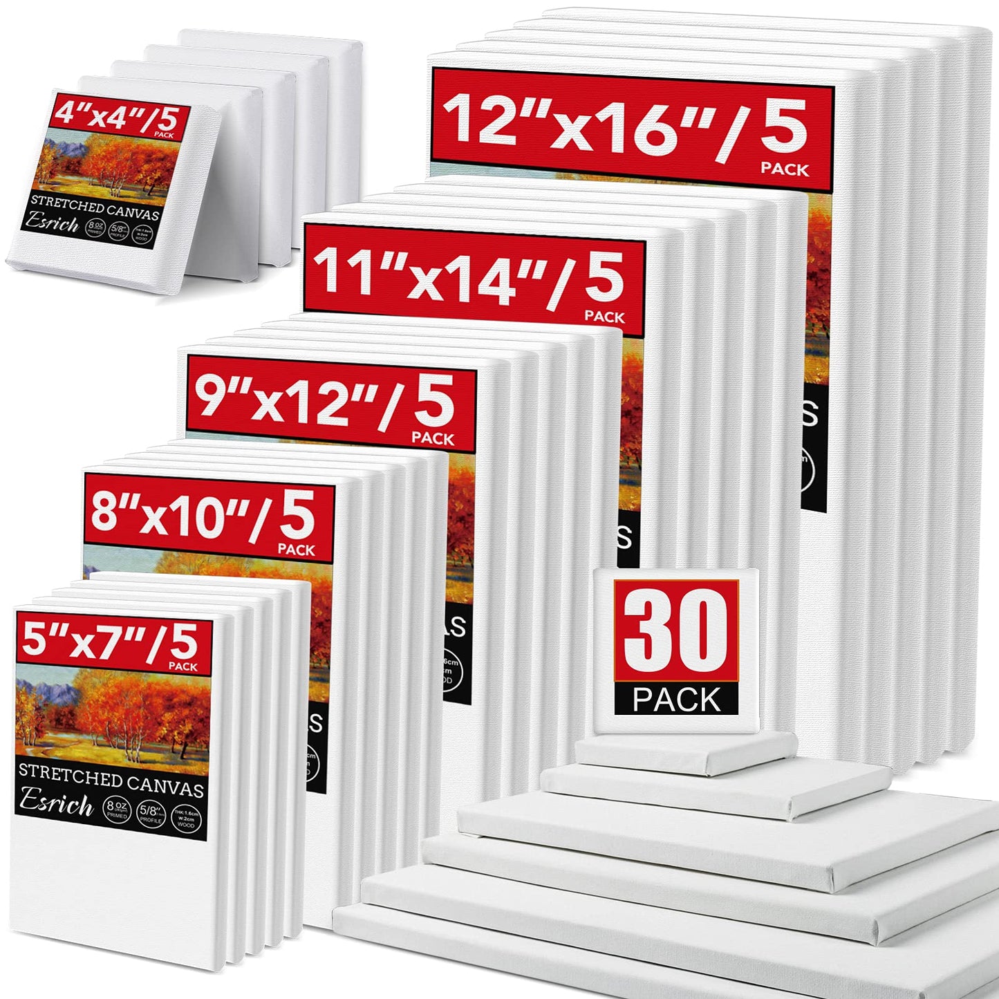 30 Pack Canvases for Painting with 4x4, 5x7, 8x10, 9x12, 11x14, 12x16, Painting Canvas for Oil & Acrylic Paint