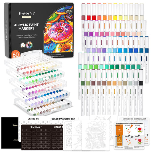 Shuttle Art Automatic Ink Control Acrylic Paint Markers, 60 Colors Brush Tip Acrylic Paint Pens for Rock Painting, Ceramic, Wood, Canvas, Glass, Stone, Fabric, Card Making, DIY & Art Supplies