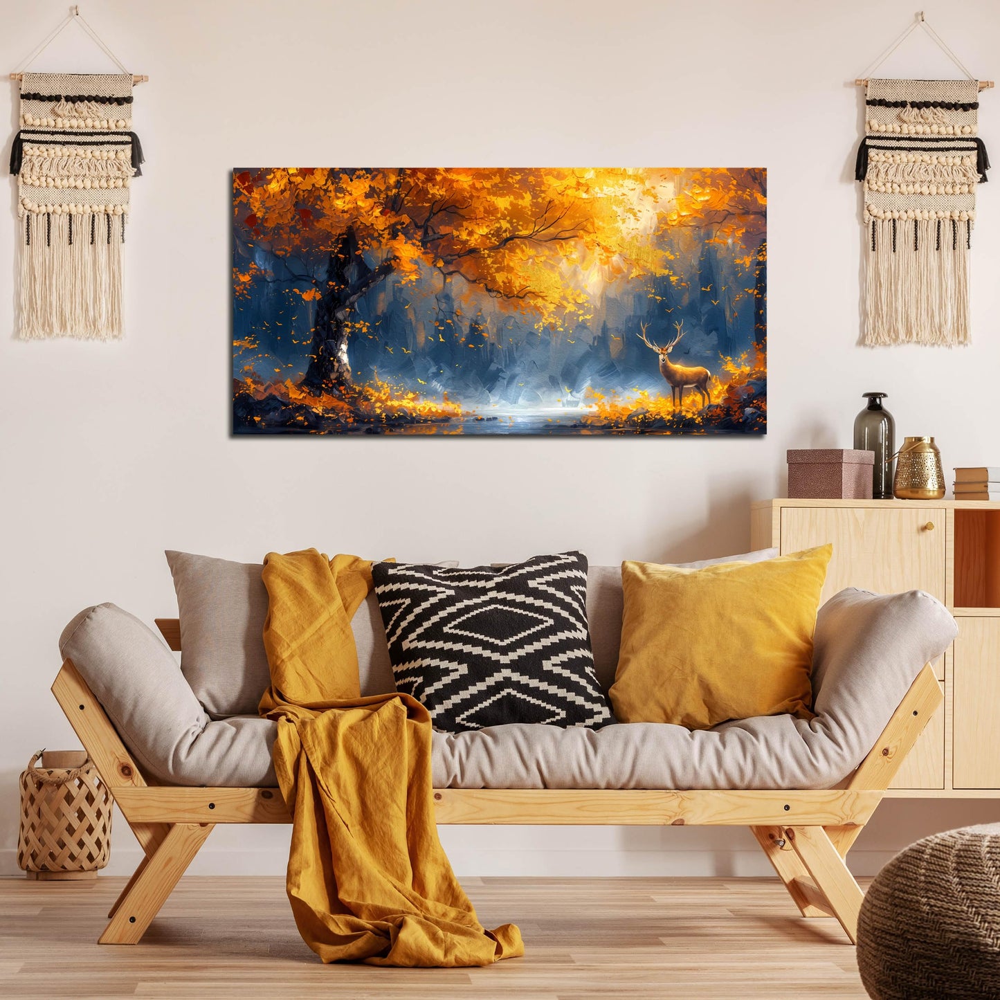 Large Canvas Wall Art for Living Room Gold and Yellow Tree Deer Forest Landscape Picture Framed Canvas Prints Modern Wall Art for Bedroom Office Size 20x40