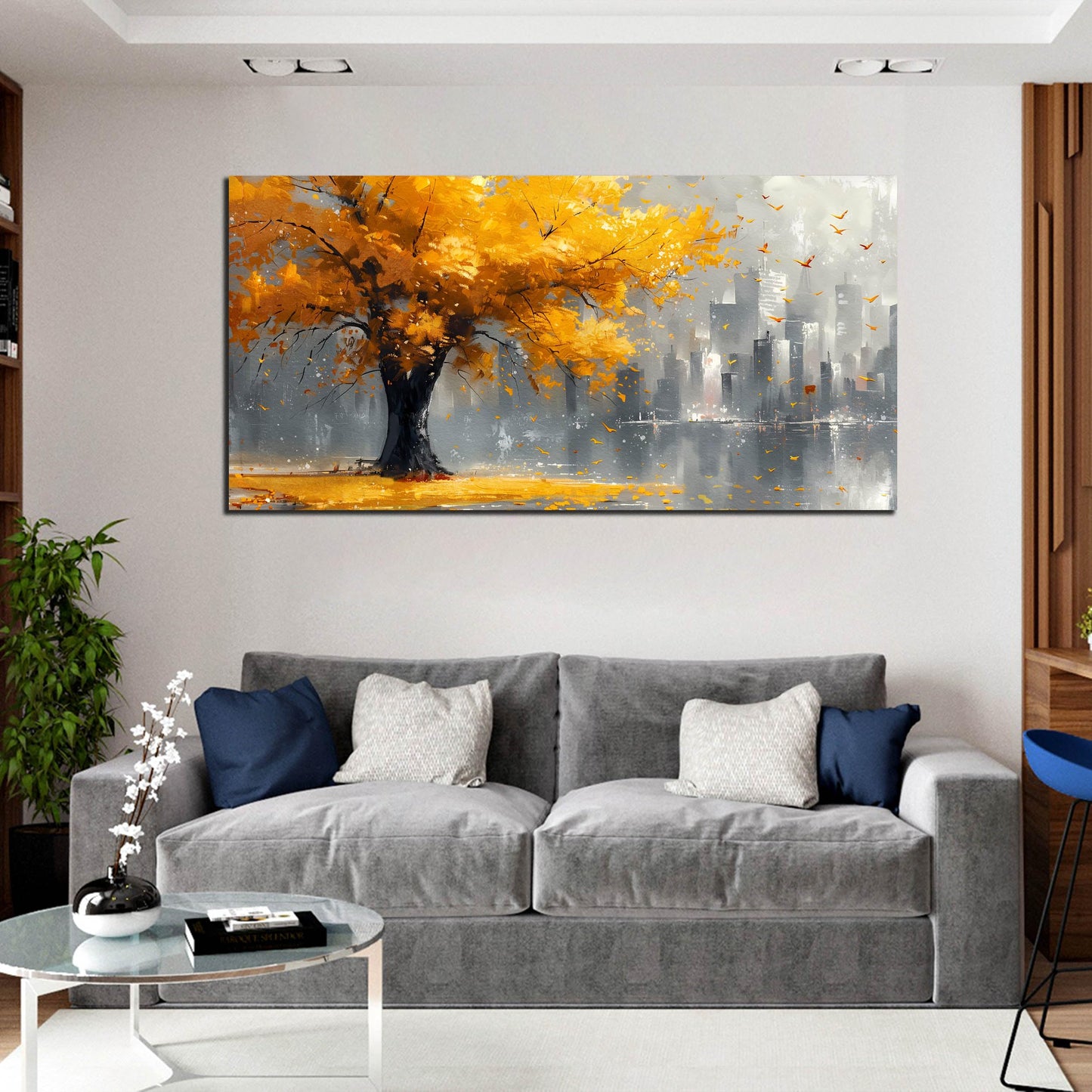 Large Canvas Wall Art for Living Room Gold and Yellow Tree Deer Forest Landscape Picture Framed Canvas Prints Modern Wall Art for Bedroom Office Size 20x40