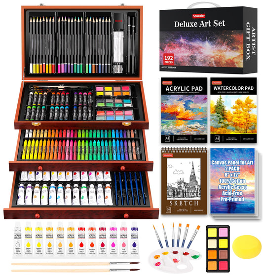 Soucolor Art Supplies, 192-Pack Deluxe Art Set Drawing Painting Supplies Art Kit with Acrylic Pad, Watercolor Pad, Sketch Book, Canvases, Acrylic Paint, Crayons, Pencils, Gifts for Artists Adults Kids