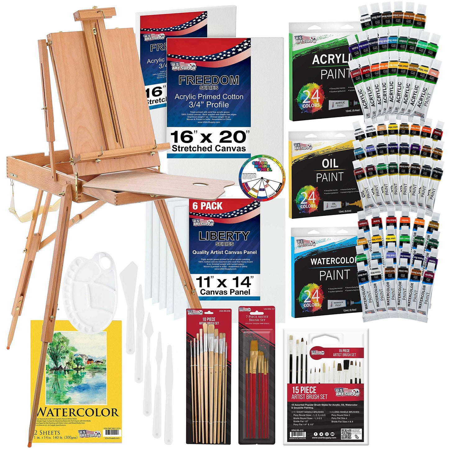 U.S. Art Supply Coronado Large Wooden French Style Field and Studio Sketchbox Easel with Artist Drawer, Palette, Premium Beechwood - Adjustable Wood Tripod Easel Stand for Painting, Sketching, Display