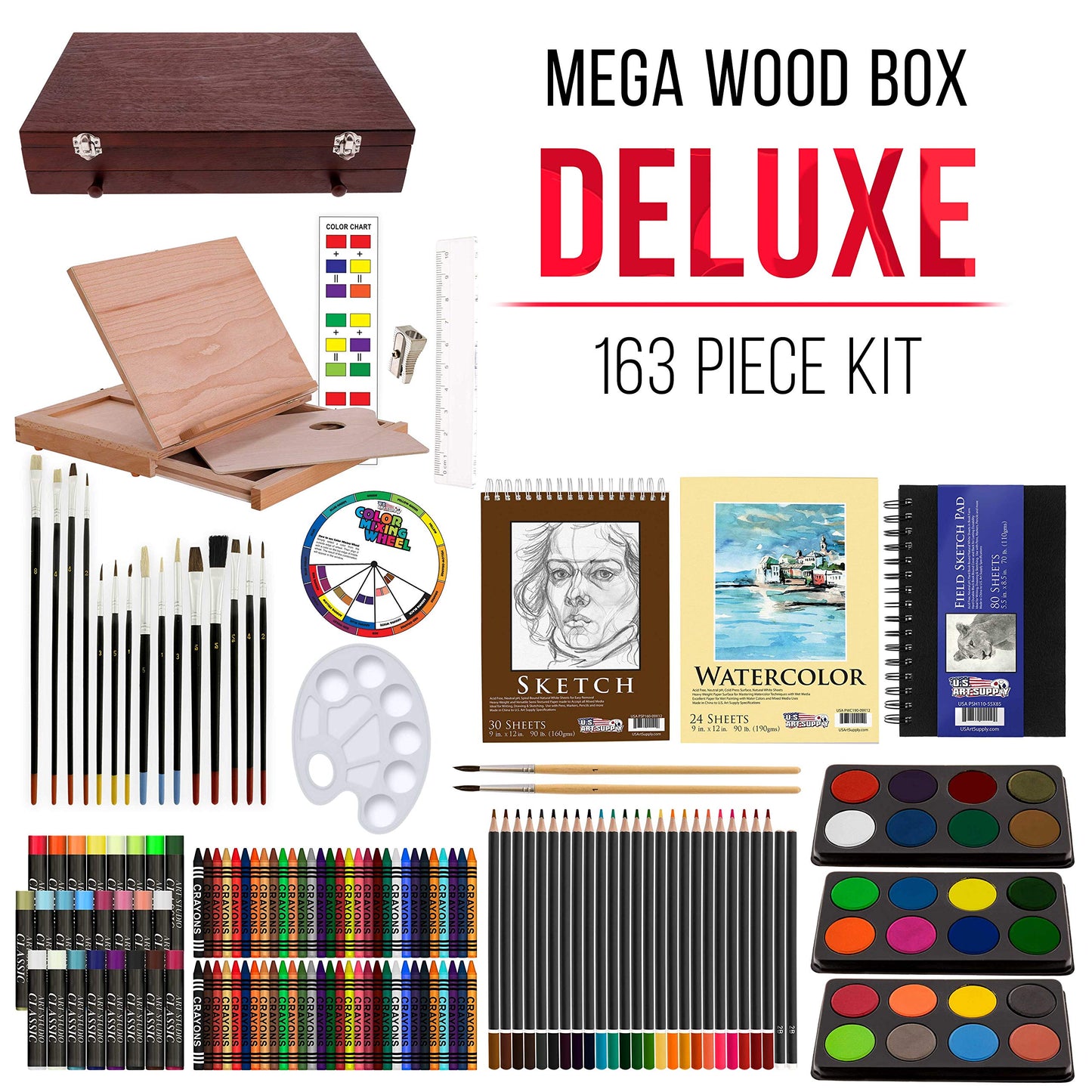 163-Piece Deluxe Art Supply Set with Paints, Pastels, Pencils, Easel, and Sketch Pads