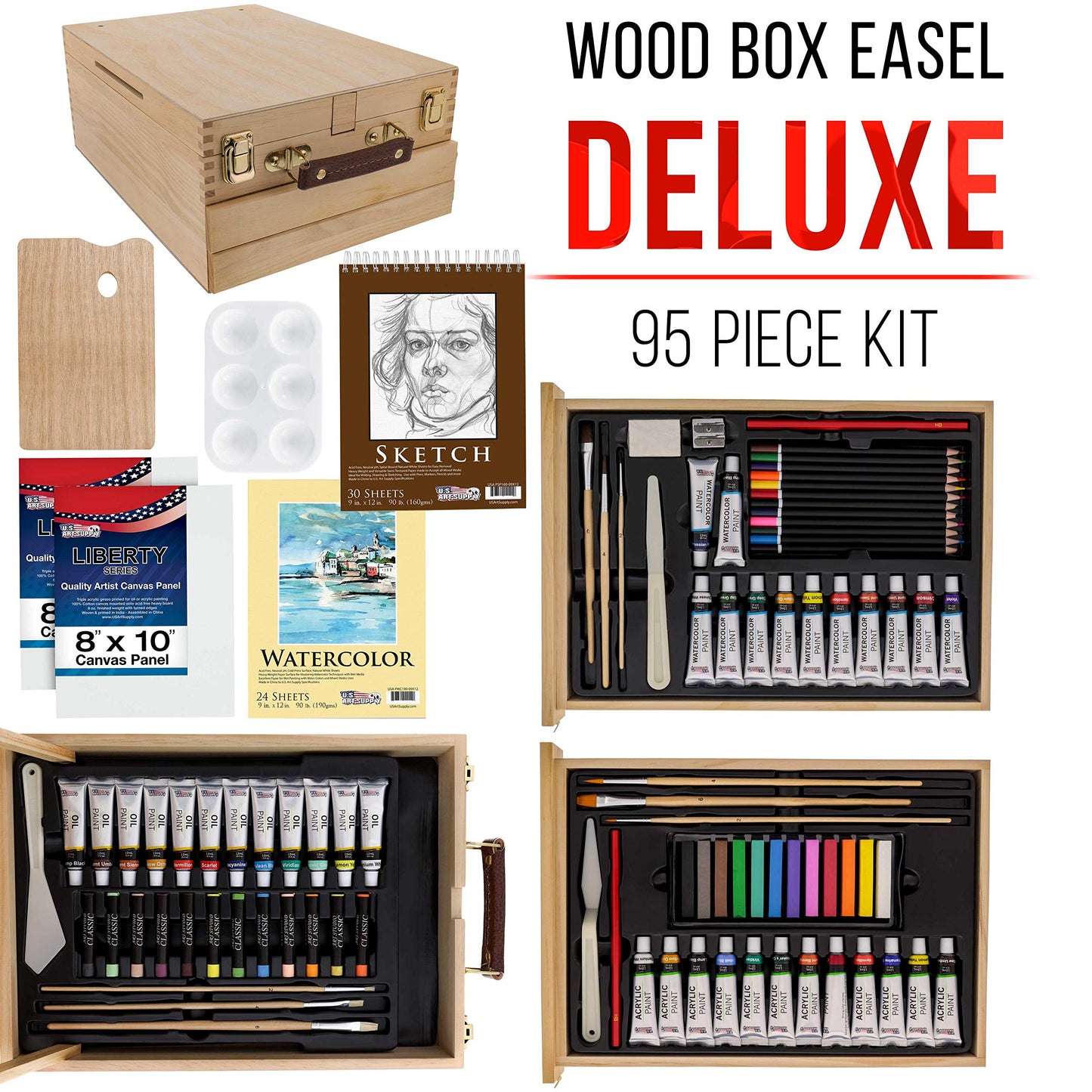 U.S. Art Supply 95 Piece Wood Box Easel Painting Set - Oil, Acrylic, Watercolor Paint Colors and Painting Brushes, Oil Artist Pastels, Pencils - Watercolor, Sketch Paper Pads - Canvas, Palette, Knifes