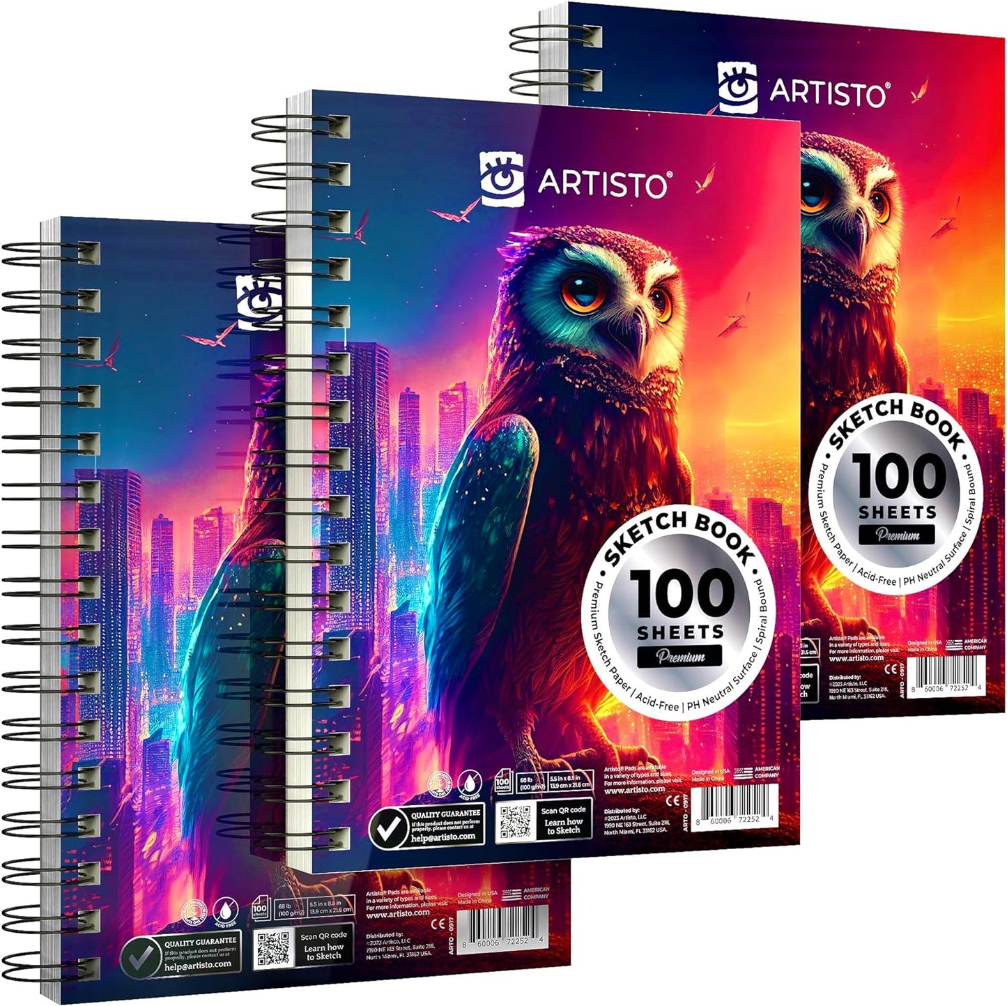 Artisto 5.5X8.5” Premium Sketch Book Set, Pack of 3 (300 Sheets), 68lb (100gsm), Spiral Bound, Acid-Free Drawing Paper, Perfect for Most Dry Media