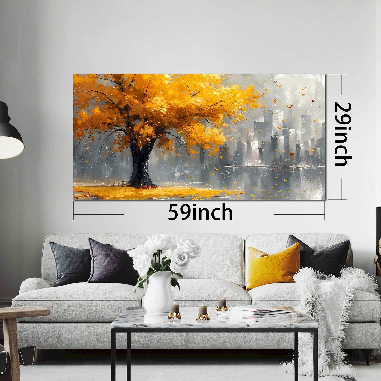 Large Canvas Wall Art for Living Room Gold and Yellow Tree Deer Forest Landscape Picture Framed Canvas Prints Modern Wall Art for Bedroom Office Size 20x40