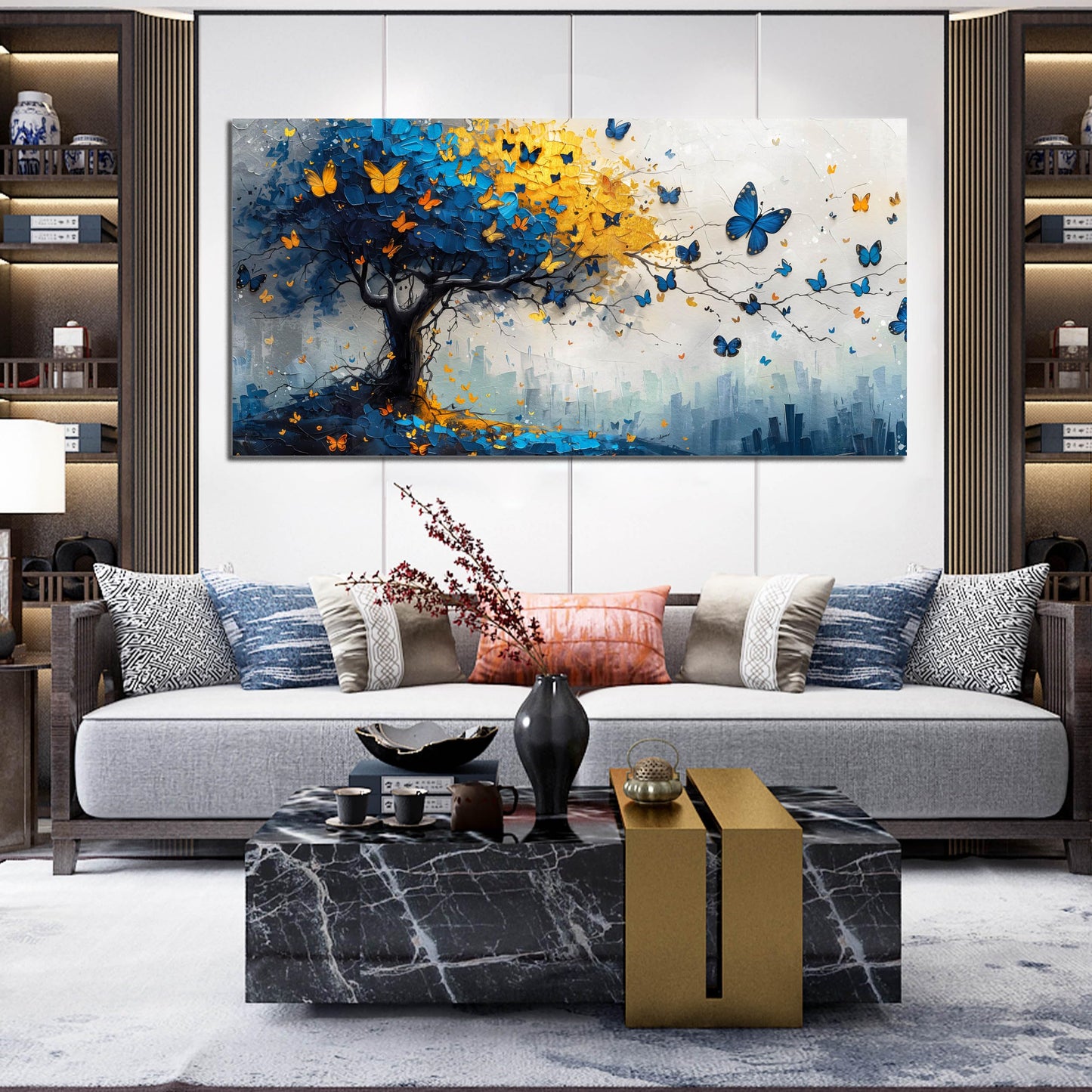 Large Canvas Wall Art for Living Room Gold and Yellow Tree Deer Forest Landscape Picture Framed Canvas Prints Modern Wall Art for Bedroom Office Size 20x40