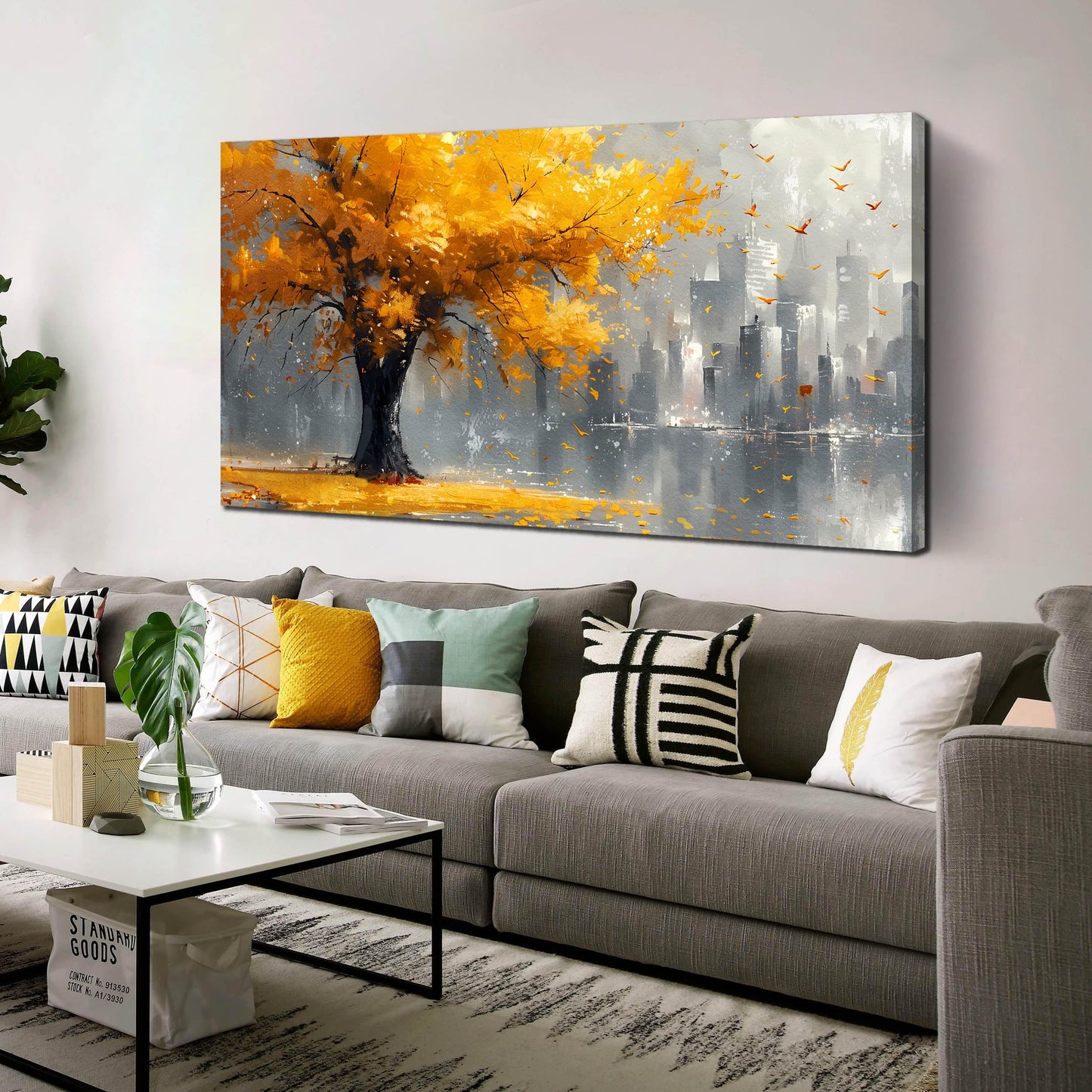 Large Canvas Wall Art for Living Room Gold and Yellow Tree Deer Forest Landscape Picture Framed Canvas Prints Modern Wall Art for Bedroom Office Size 20x40