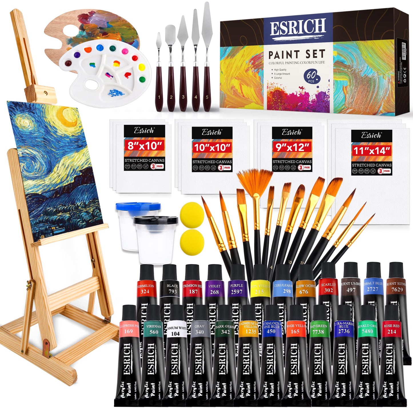 60PCS Acrylic Paint Set with Brushes, Canvases, Palette for Adults, Hobbyists, Beginners