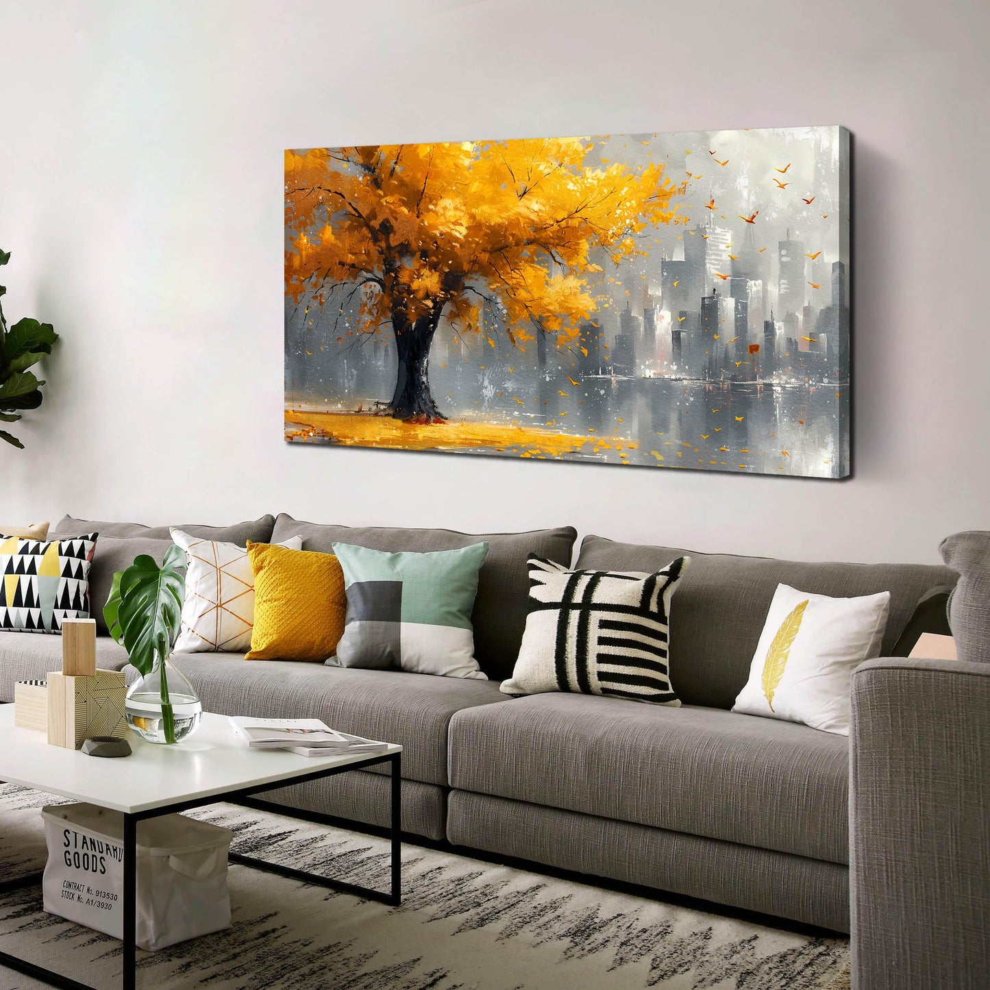 Large Canvas Wall Art for Living Room Gold and Yellow Tree Deer Forest Landscape Picture Framed Canvas Prints Modern Wall Art for Bedroom Office Size 20x40