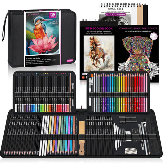 HIFORNY 136 PCS Drawing & Sketching Set,Pro Art Supplies with Graphite,Charcoal,Colored,Watercolor,Metallic Pencils,Blending Tools,Sketchbook,Watercolor Book and Coloring Book in Zipper Case (Black)