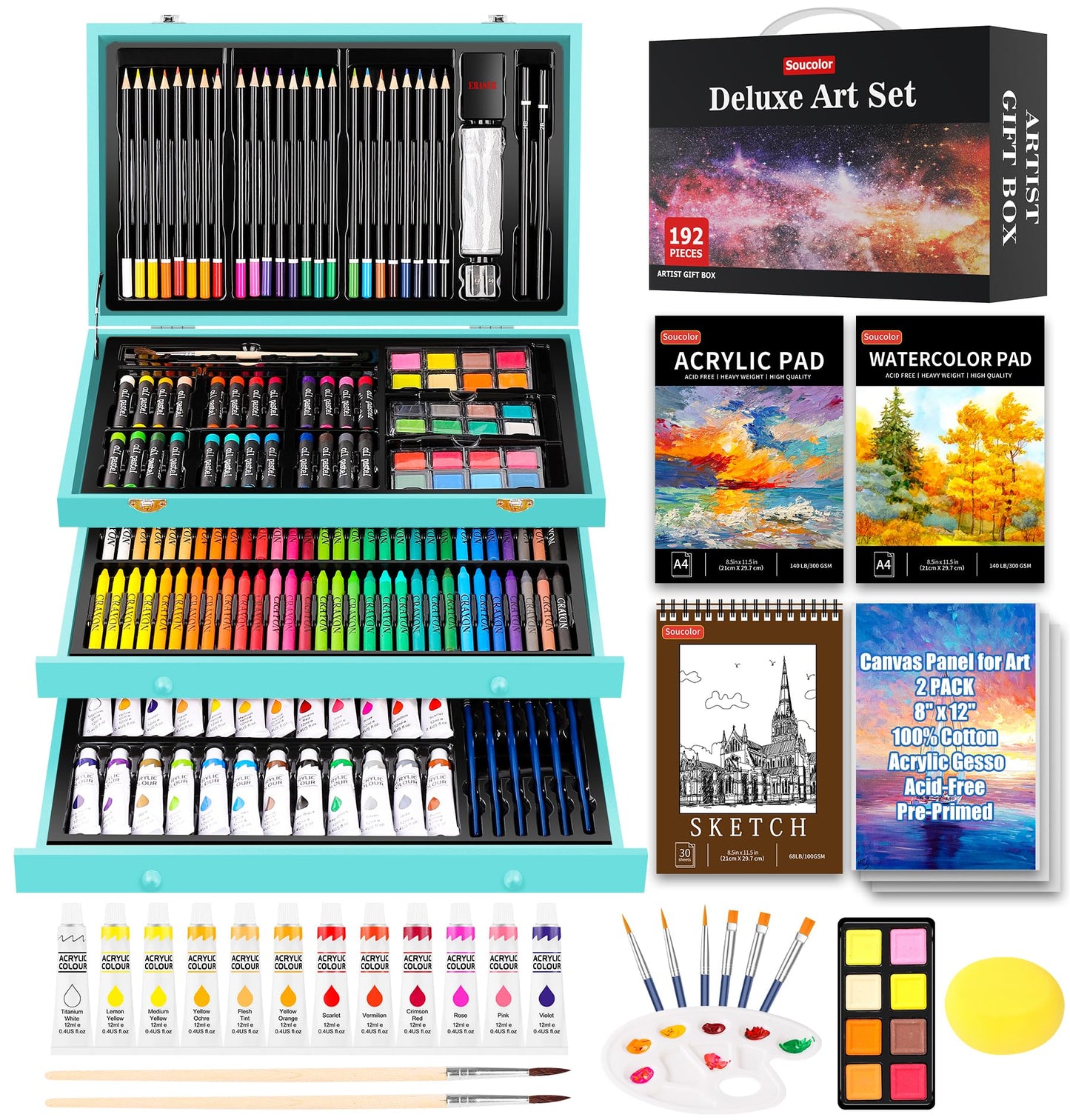 Soucolor Art Supplies, 192-Pack Deluxe Art Set Drawing Painting Supplies Art Kit with Acrylic Pad, Watercolor Pad, Sketch Book, Canvases, Acrylic Paint, Crayons, Pencils, Gifts for Artists Adults Kids