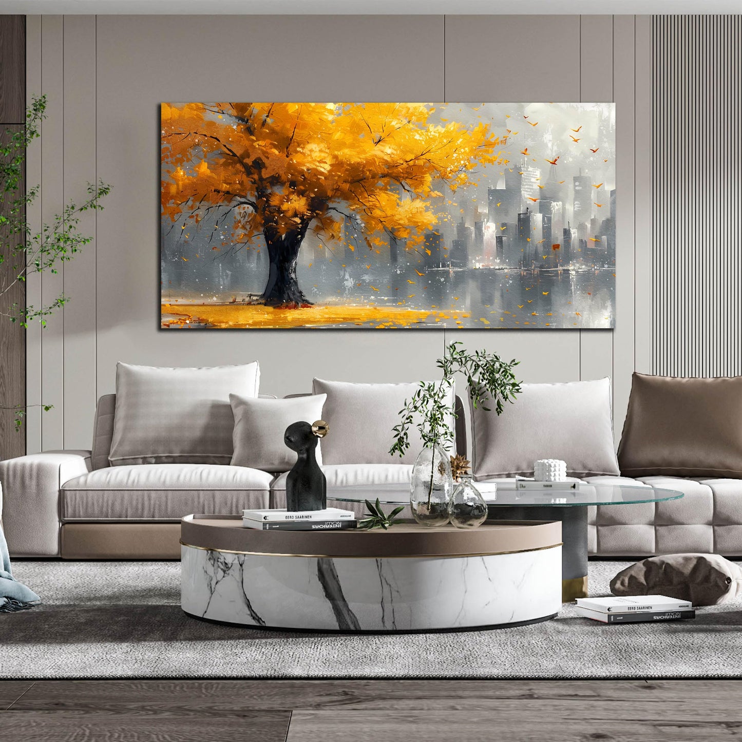 Large Canvas Wall Art for Living Room Gold and Yellow Tree Deer Forest Landscape Picture Framed Canvas Prints Modern Wall Art for Bedroom Office Size 20x40