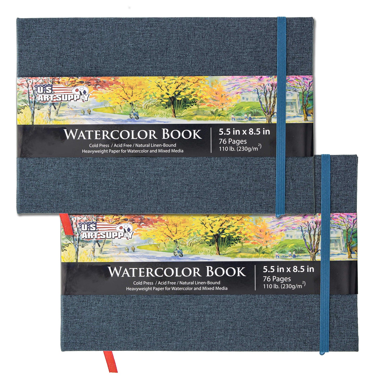 U.S. Art Supply 8.5" x 8.5" Watercolor Book, 2 Pack, 76 Sheets, 110 lb (230 GSM) - Linen-Bound Hardcover Artists Paper Pads - Acid-Free, Cold-Pressed, Brush Painting & Drawing Sketchbook Mixed Media